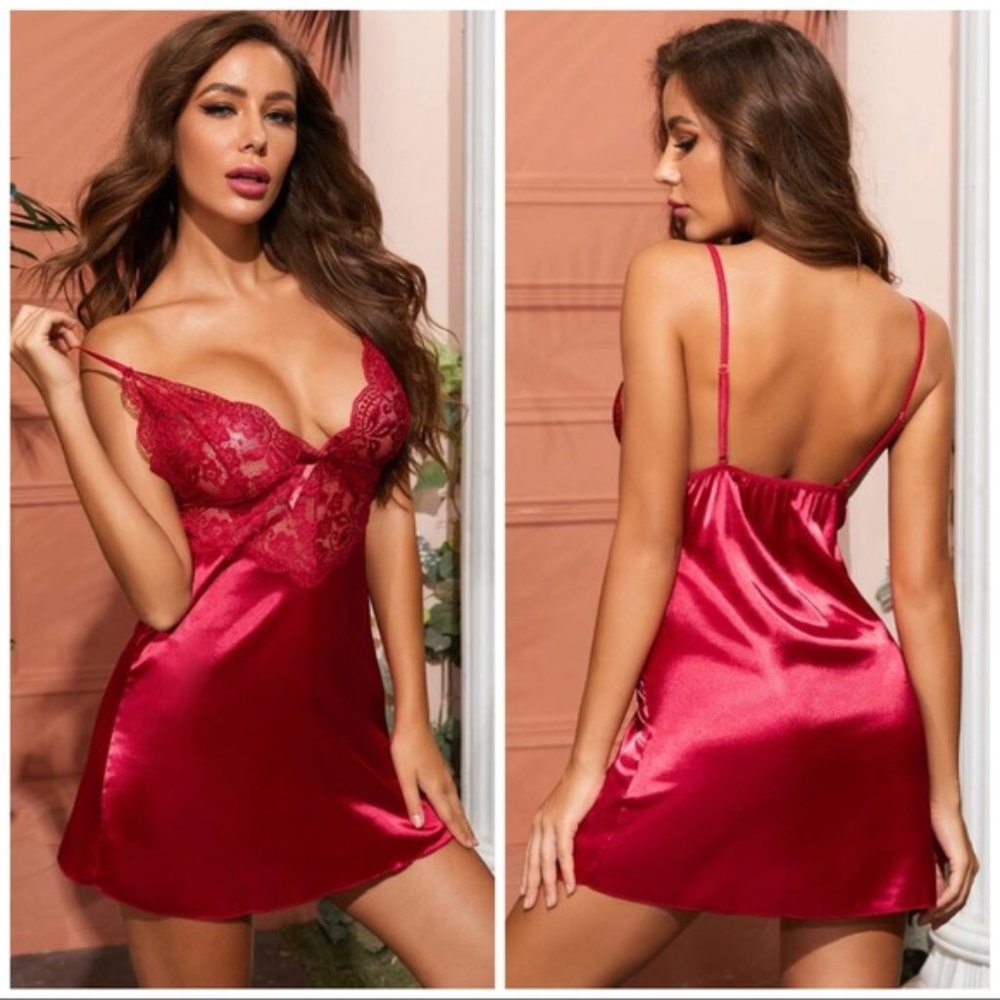 New Red Satin Silk-Like Lace Nightgown